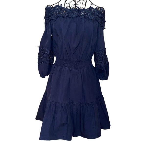 Navy Blue Off-Shoulder Cotton  Dress - Picture 6 of 6
